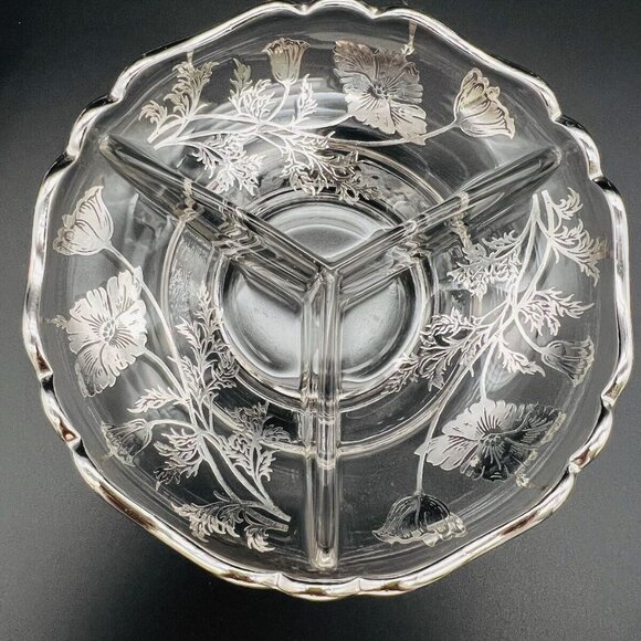 Vtg Silver City Glass Co Sterling on Crystal Divided Bowl Dish 6” Flanders Field - Picture 1 of 6
